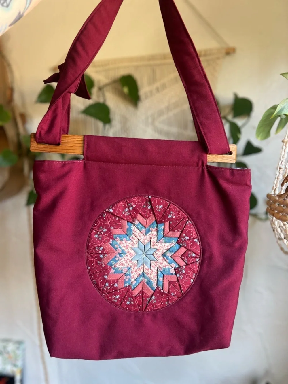 Vintage Handmade Quilted Tote Bag Cottagecore Boho Patchwork Wood Handle